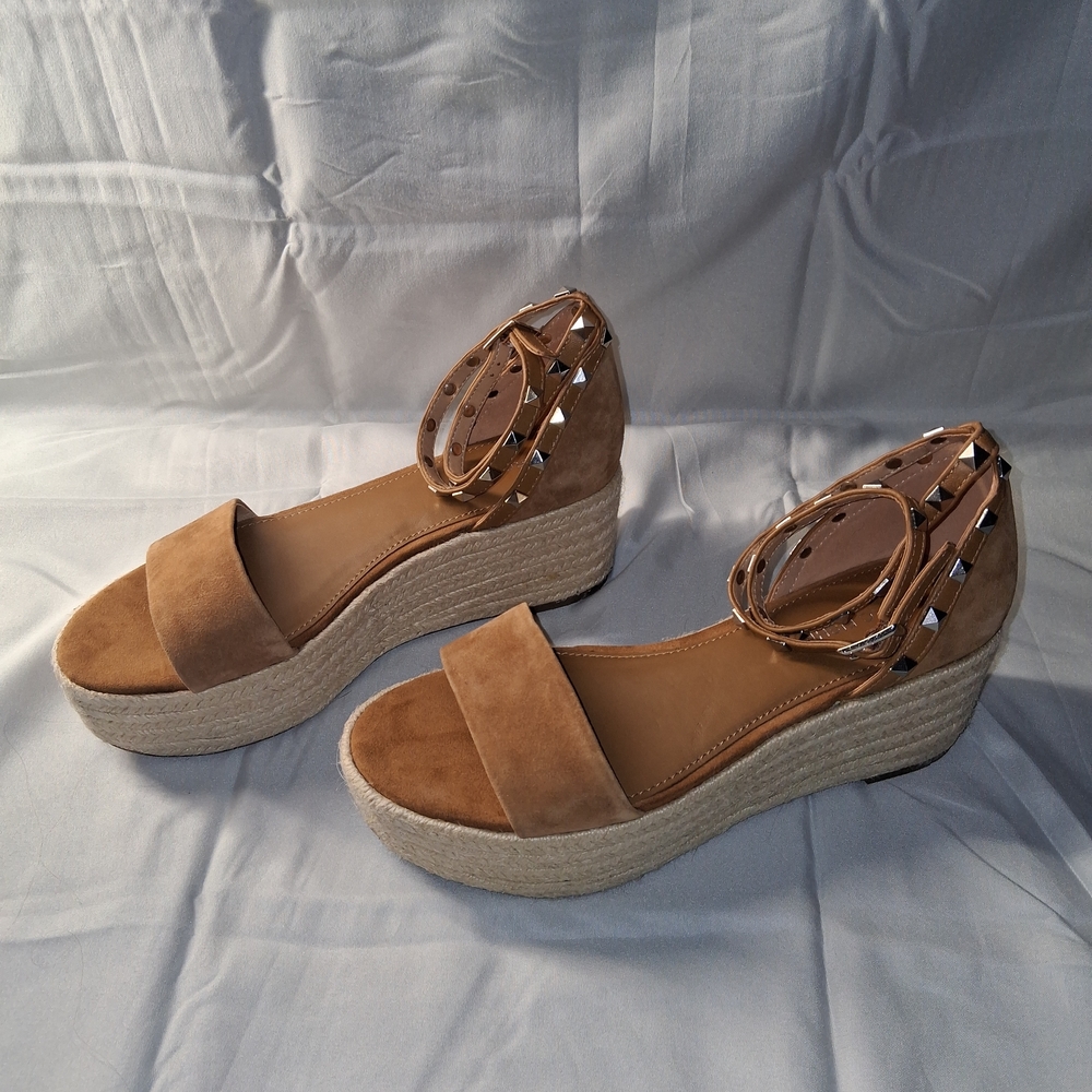 Marc Fisher Tan Suede Espadrille Wedge Sandals with Studded Ankle Straps